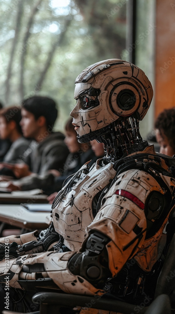 Aufkleber artificial intelligence robot sitting in a classroom among students observing the learning environme