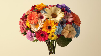 Human brain with blooming flowers, mental health concept, positive thinking, creative mind, surrealism style