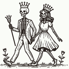 Fototapeta premium A whimsical illustration of a skeleton couple, crowned and dressed elegantly, walking hand in hand among flowers.