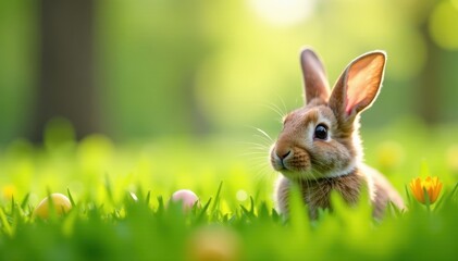 Obraz premium Easter bunny peeking from lush grass, springtime scene, secret, bunny, colorful