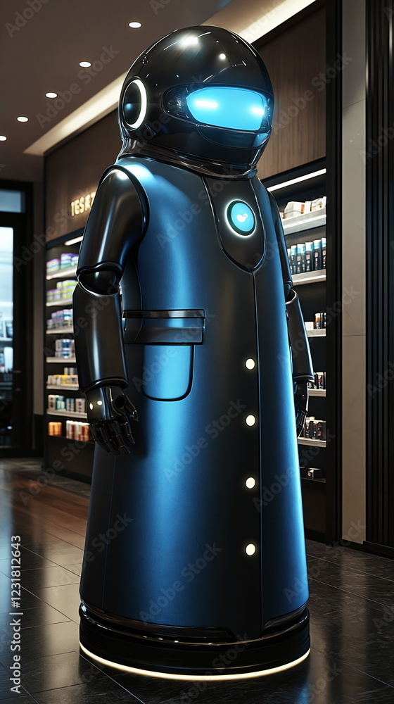 Poster robotic assistant standing in a modern store aisle with sleek design and glowing features, showcasin