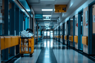 Yellow cleaning cart in hospital corridor