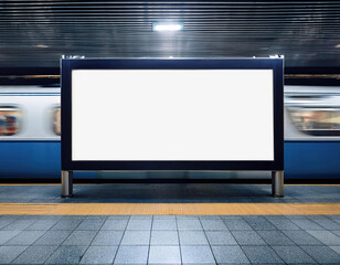 Horizontal blank billboard banner sign mockup hanging in a subway or metro station with a train pass 