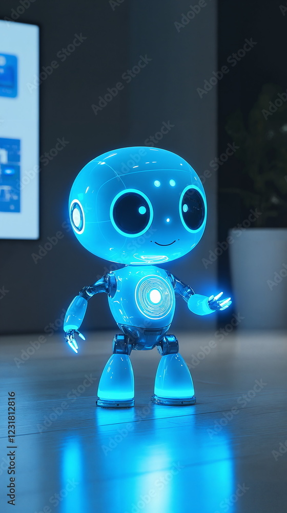 Poster glowing blue robot standing on wooden floor in modern room with soft lighting and digital display in