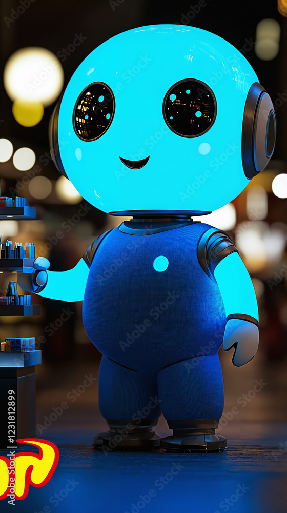 Poster Glowing blue robot character standing next to colorful building blocks in a bright, playful environment with shimmering lights and a cheerful expression.