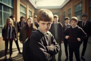 Schoolboy with backpack crossing arms and frowning while group of students standing behind him in schoolyard