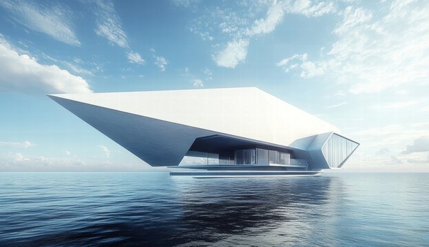 A large white building is floating on the water