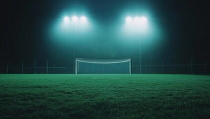 A soccer field with a goal and lights in the background