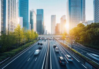 Fototapeta premium A busy highway with cars and a bridge in the background