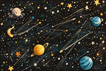 Naklejka premium Whimsical Space Scene with Planets Stars and Comets