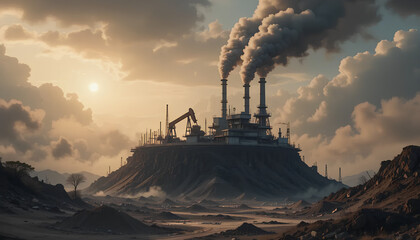 Fototapeta premium Oil Refinery at Sunset Under an Overcast Sky With Dirt Mountains and Billowing Smoke Stacks