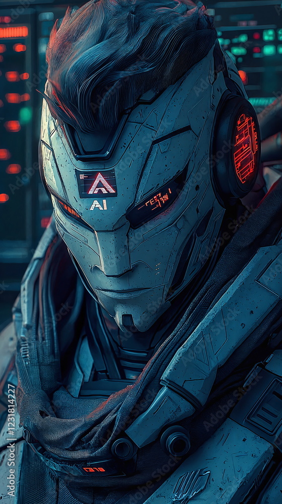 Aufkleber futuristic robot with an intricate design, glowing elements and a sleek metallic surface, portrayed 