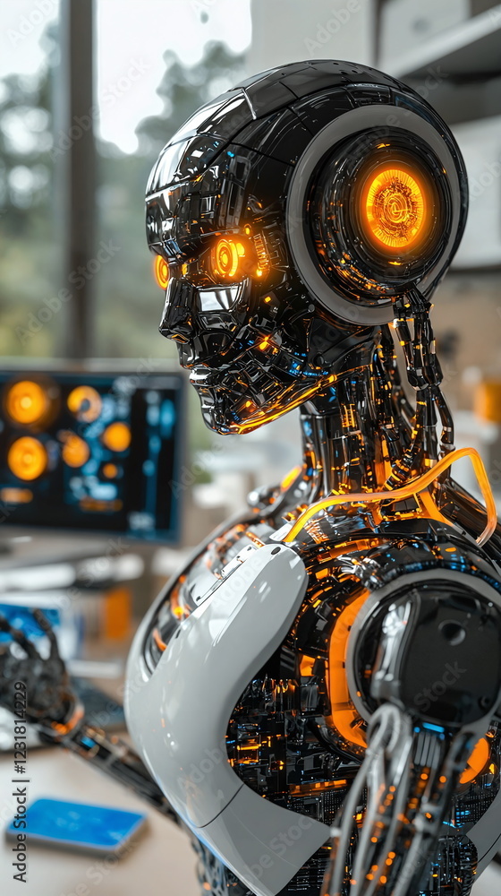 Poster futuristic robot with glowing eyes standing in modern workspace next to computer, showcasing technol