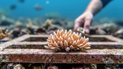 Fototapeta premium Coral reef restoration underwater nursery concept. Coral restoration effort in underwater environment with hand and coral