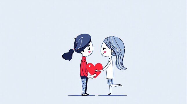 Cute illustration of a lesbian couple exchanging a red heart, LGBTQ+ love and romance concept  
