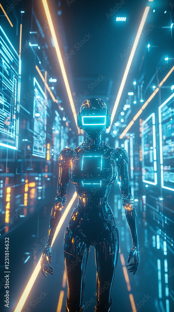 Aufkleber futuristic humanoid robot standing in neon-lit corridor with abstract data displays and reflections 