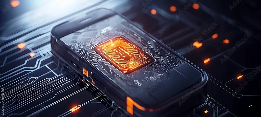 Aufkleber futuristic smartphone with illuminated central processing unit on circuit board