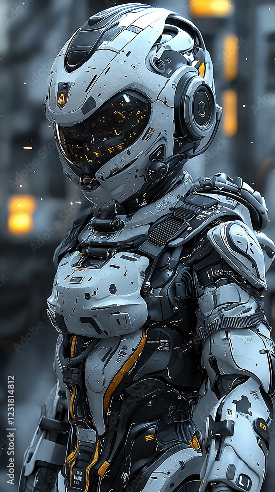 Poster futuristic robotic figure with advanced mechanical design and glowing elements standing in a high-te