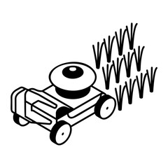 Mower Cutting the Grass isometric outline concept, cleaning the fields from bushes  vector icon design, Lawn Gardening symbol, Farm and Plant sign, agriculture and horticulture equipment illustration