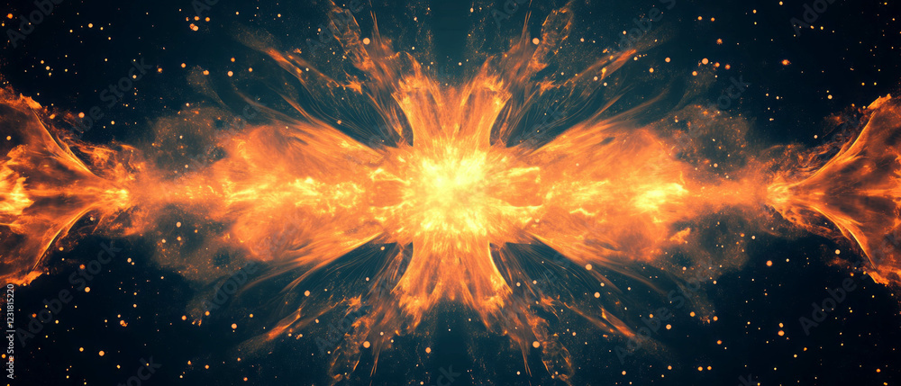 Poster abstract shapes and fiery sparks create a vibrant dynamic design across a dark background
