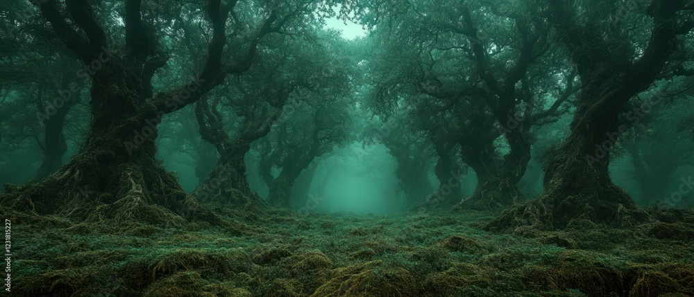 Poster mysterious foggy forest with twisted trees and moss