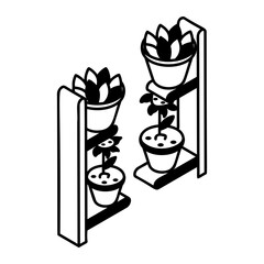 house stacking racks and shelves isometric outline concept, plant transport and storage vector icon design, Lawn and Gardening symbol, Farm and Plant sign, agriculture and horticulture equipment 