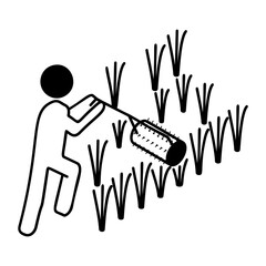 cultivation tiller with farmer isometric outline concept, break up hard and compact soil vector icon design, Lawn and Gardening symbol Farm and Plant sign agriculture and horticulture equipment 