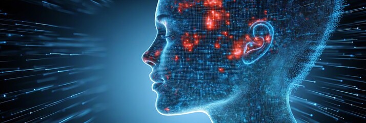 3D Female Profile Made of Luminous Particles with Artificial Intelligence, Technology Concept