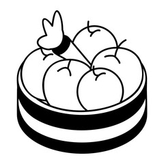 Farmers Fruit Basket isometric outline concept, Wooden Crate filled with Carrot and Apple vector icon design, Lawn and Gardening symbol, Farm and Plant sign, agriculture and horticulture equipment