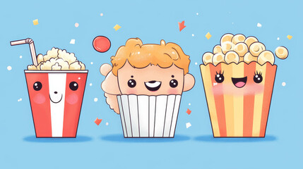 Cute cinema cartoon characters with kawaii style faces. Comic vector illustration set of happy funny movie mascot - paper cup with soda, bucket with popcorn, two ticket friends and film clapper.