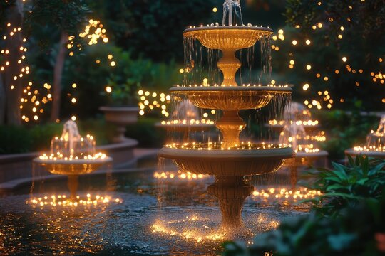 A magical garden with illuminated fountains and sparkling decor for an evening party.