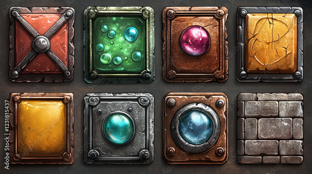 Poster play buttons for game menu interface. vector cartoon set of active, hover and normal glossy buttons 