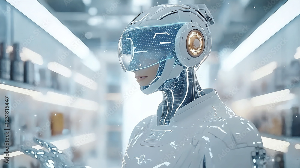 Poster futuristic robot with a transparent visor and cybernetic features standing in a well-lit, modern env