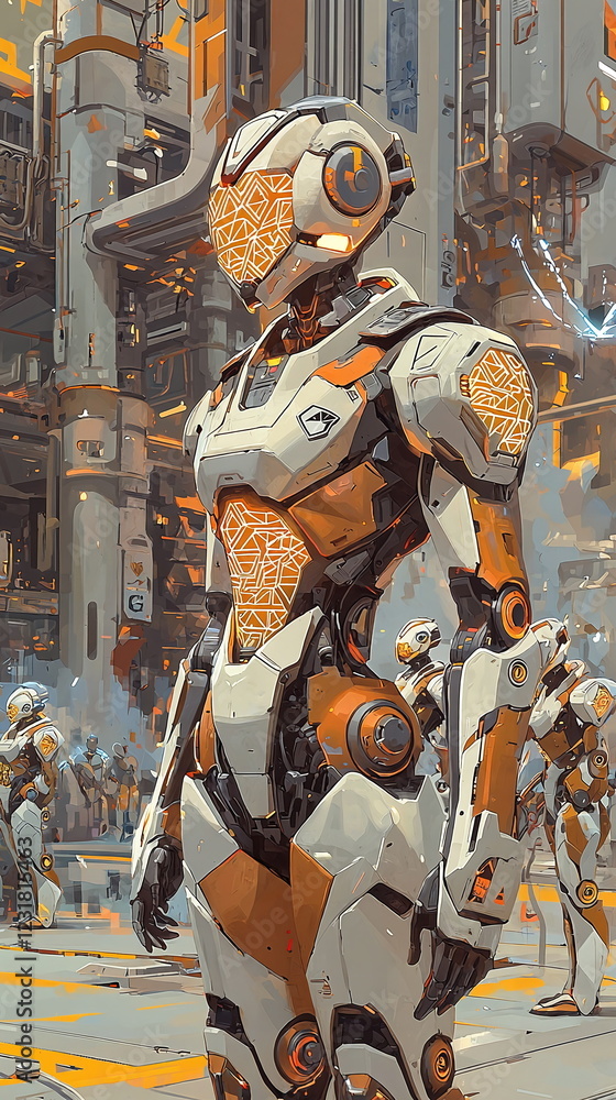 Aufkleber futuristic robot standing in a cybernetic city environment with orange accents, surrounded by other 