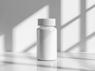 White bottle with a white lid sits on a table. The bottle is empty and the lid is still on. The bottle is placed in front of a window, which is letting in sunlight. Concept of money