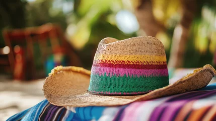 Colorful straw hat with ethnic pattern band. Ideal for bohemian fashion and summer lifestyle themes.