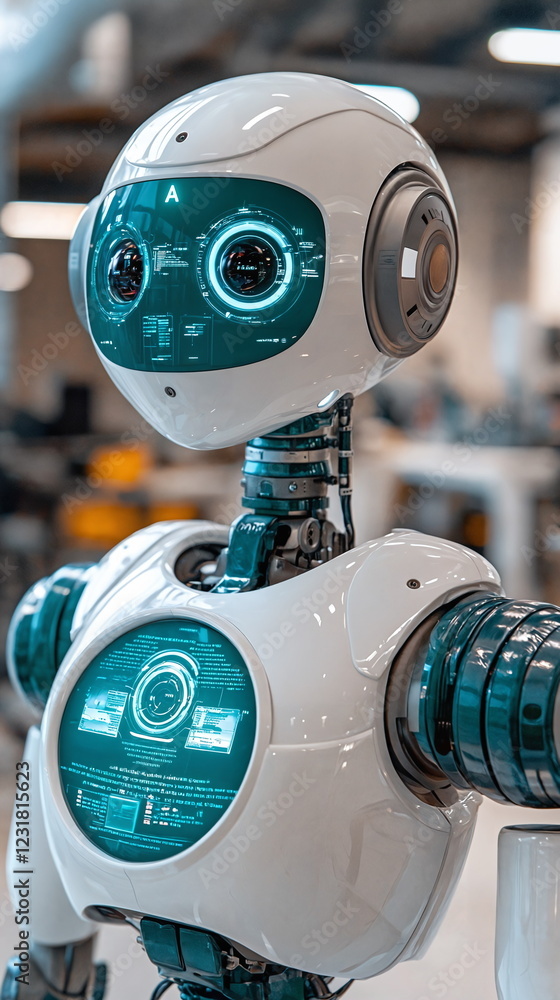 Poster futuristic humanoid robot with glowing blue eyes and transparent visual displays, designed for inter