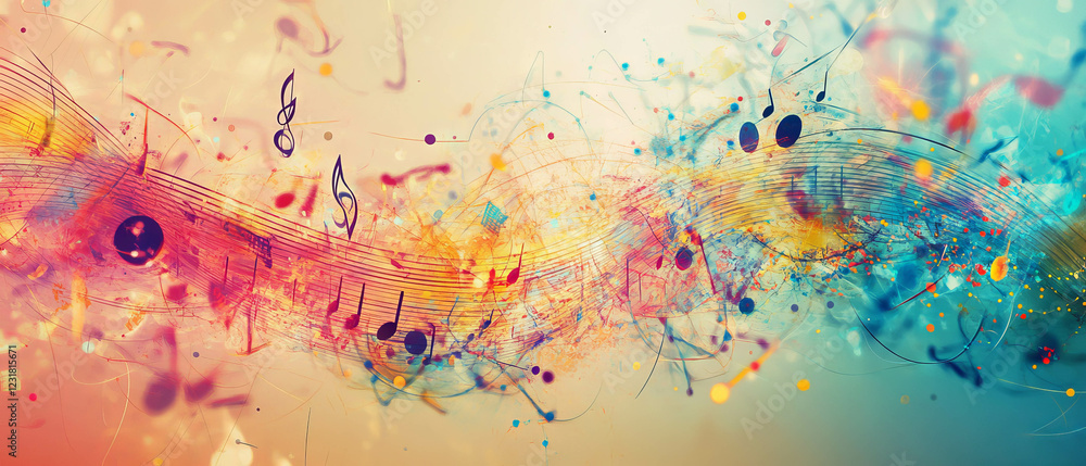 Poster cybernetic patterns and music create vibrant abstract connections in dynamic artwork
