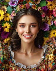 Fototapeta premium Young Woman Surrounded by Vibrant Flowers with Bright Smile