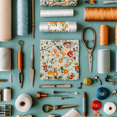 Crafting Dreams: An overhead view showcasing a vibrant assortment of sewing notions arranged meticulously. the intricate details of various spools of thread, fabrics, tools.