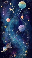 Naklejka premium Whimsical Cosmic Scene Featuring Planets Stars and Comet