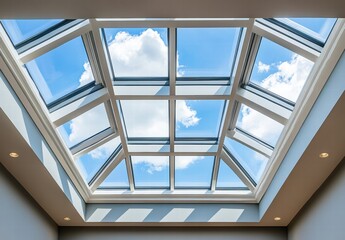 A large skylight with a blue sky and clouds