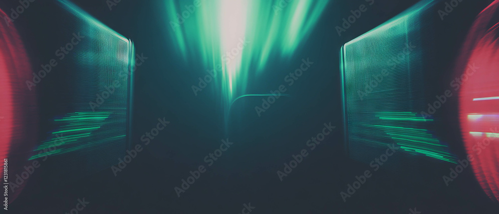 Poster bright focal point emerges from dark abstract background with contrasting elements