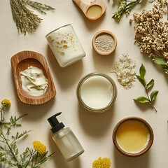 Spa Day Essentials: An overhead shot reveals a curated collection of natural skincare products, thoughtfully arranged with an assortment of botanicals, suggesting tranquility and rejuvenation.