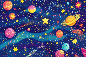 Colorful Planets Stars And Comets In Outer Space