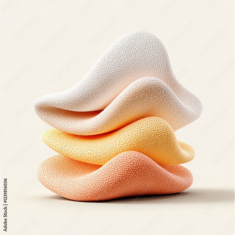 Poster abstract 3d render of stacked textured shapes in pastel colors white yellow and orange hues soft org