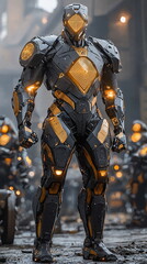 Futuristic robot standing amidst urban setting, illuminated with bold orange lights, showcasing advanced technology and modern design aesthetics in a cinematic atmosphere.