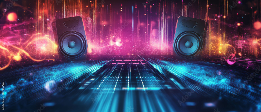 Poster vibrant audio banner design with flowing sound waves and dynamic colors