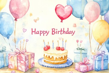 Birthday cake with gifts, balloons, watercolor, suitable for greeting card or invitation