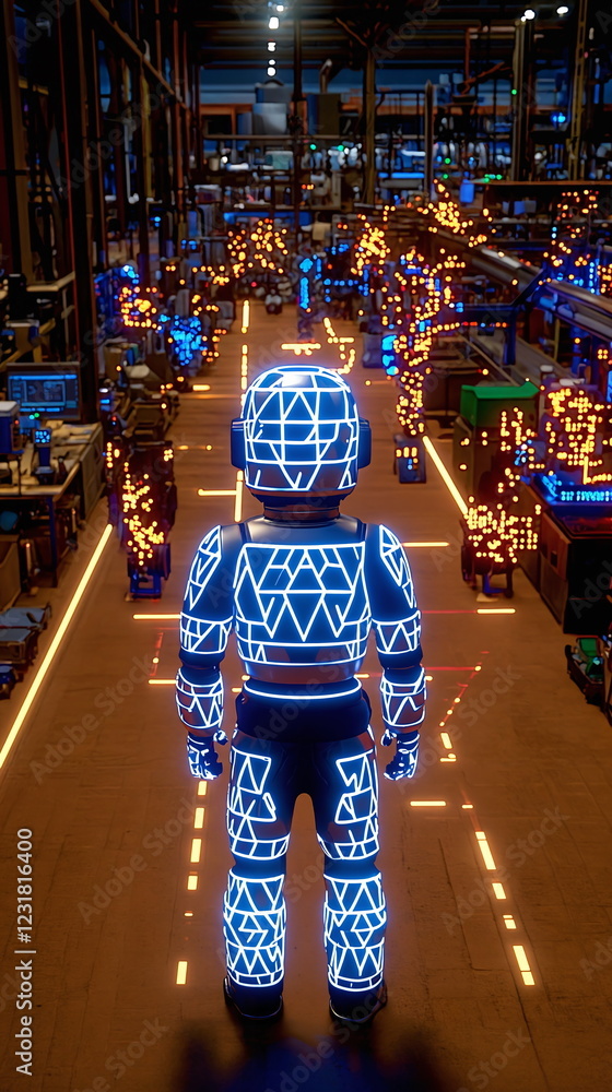 Aufkleber glowing robot standing in a high-tech warehouse with illuminated surroundings and futuristic aesthet